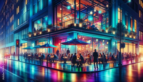 The evening ambiance of a city café is aglow, buzzing with the vibrant nightlife and colorful lights, as people gather for a lively urban experience. Generative AI