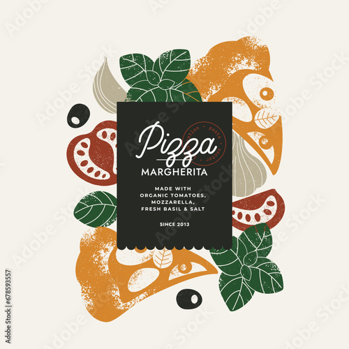 Italian pizza colored design template. Pizza Margherita with tomatoes and basilic. Vector illustration
