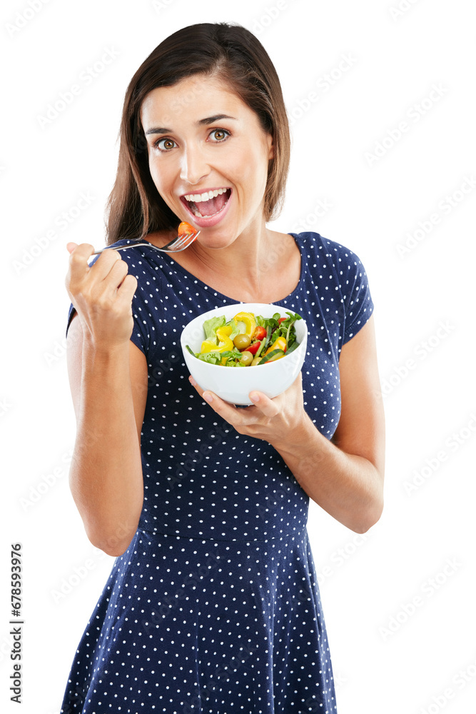 Portrait, happy woman and salad for eating, health or nutrition for vegan diet. Female model, vegetables and organic for wellness, cholesterol or weight loss on isolated or transparent png background Portrait, happy woman and salad for eating, health or nutrition for vegan diet. Female model, vegetables and organic for wellness, cholesterol or weight loss on isolated or transparent png background