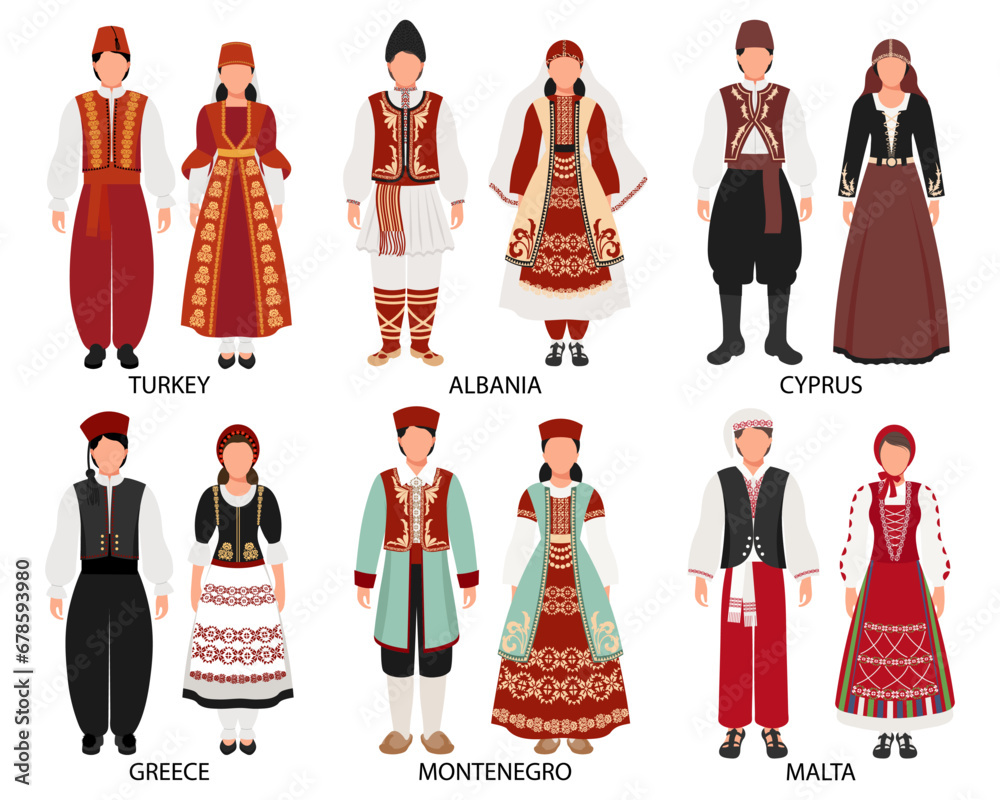 A set of couples in folk costumes of European countries. Türkiye, Albania, Montenegro, Greece, Cyprus, Malta. Culture and traditions. Illustration, vector - obrazy, fototapety, plakaty 