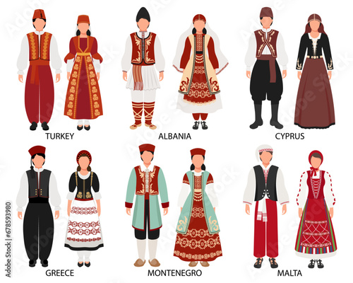 A set of couples in folk costumes of European countries. Türkiye, Albania, Montenegro, Greece, Cyprus, Malta. Culture and traditions. Illustration, vector