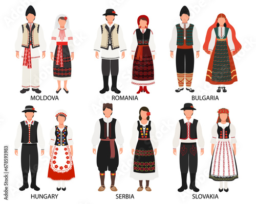 A set of couples in folk costumes of European countries. Moldova, Romania, Bulgaria, Serbia, Hungary, Slovakia. Culture and traditions. Illustration, vector