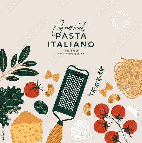 Italian pasta ingredients design template. Grater with tomato and pasta with garlic. Vector illustration