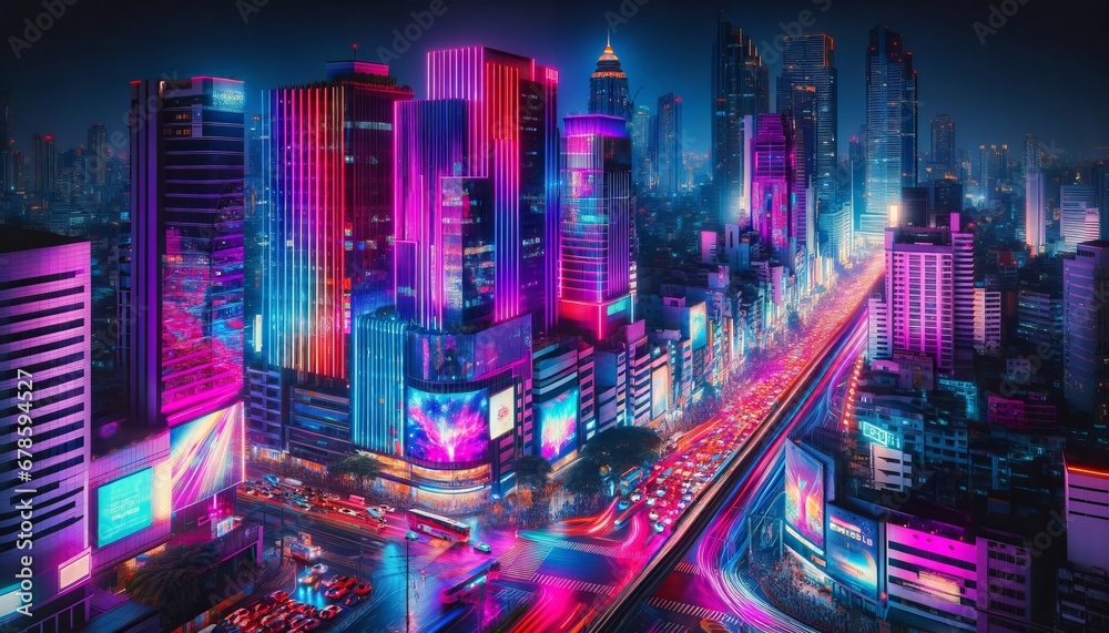 A cityscape emerges after dark, bathed in the glow of neon lights, casting a vibrant spectrum across the bustling night. Generative AI