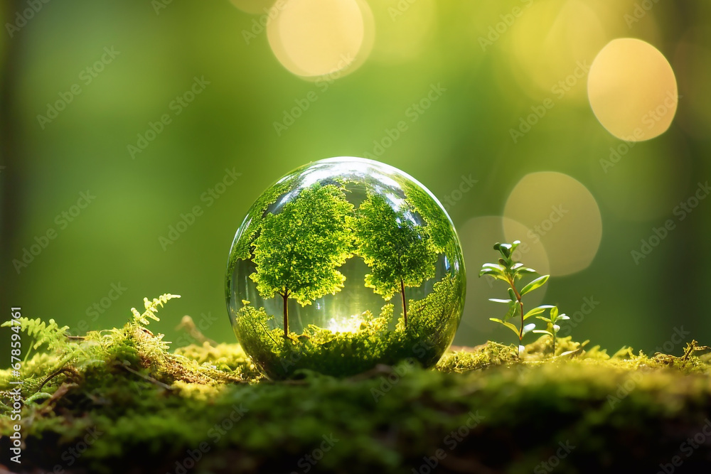 Earth Day - Environment - Green Globe In Forest With Moss And Defocused Abstract Sunlight Earth Day - Environment - Green Globe In Forest With Moss And Defocused Abstract Sunlight