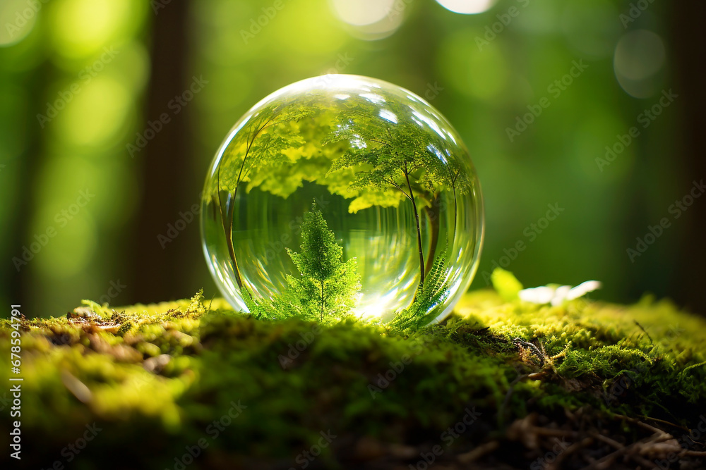 Earth Day - Environment - Green Globe In Forest With Moss And Defocused Abstract Sunlight Earth Day - Environment - Green Globe In Forest With Moss And Defocused Abstract Sunlight