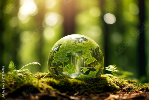 Crystal earth on soil in a forest with ferns and sunlight - Environment - Earth Day Concept. Crystal globe putting on mass