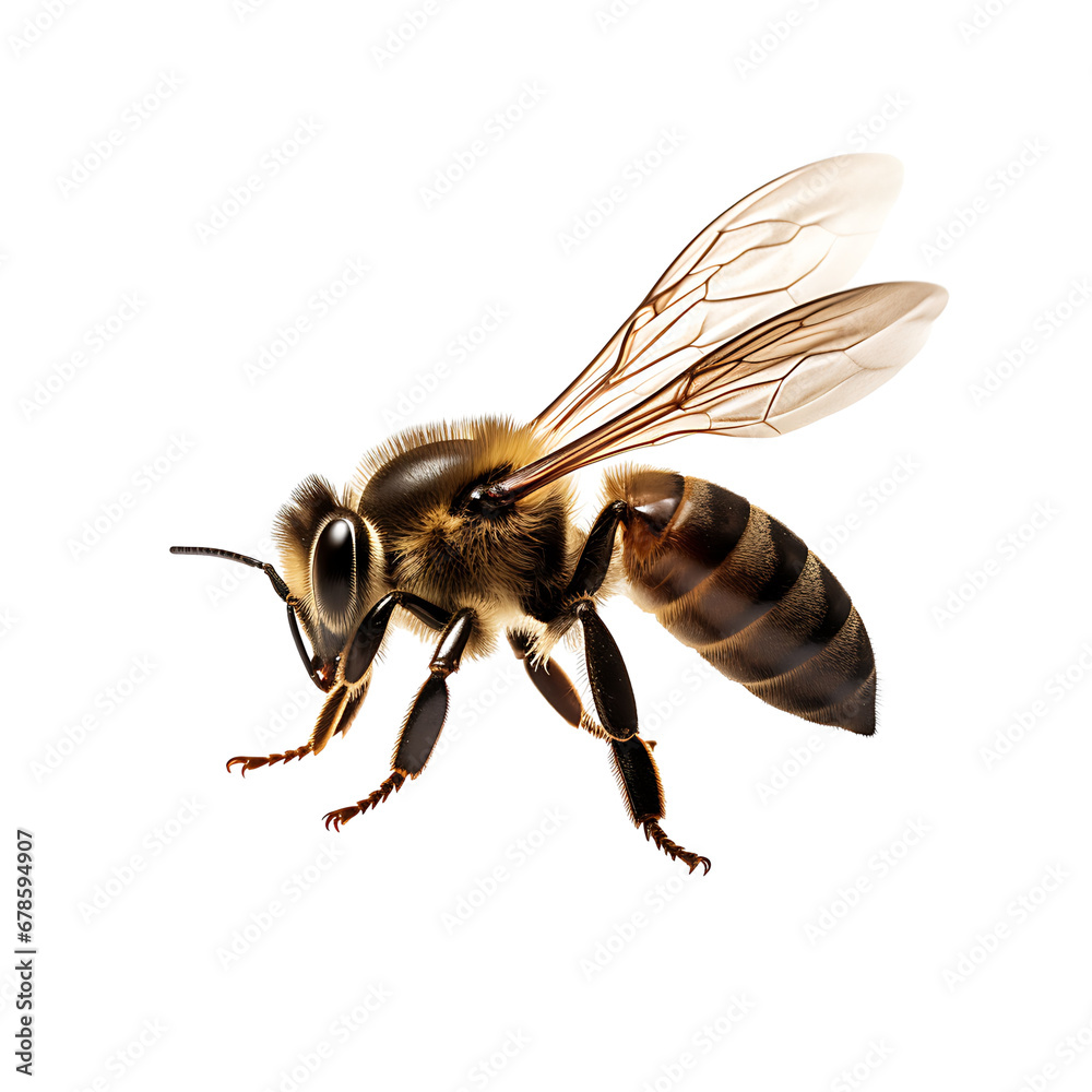 Honey bee flying isolated on white background cutout Honey bee flying isolated on white background cutout