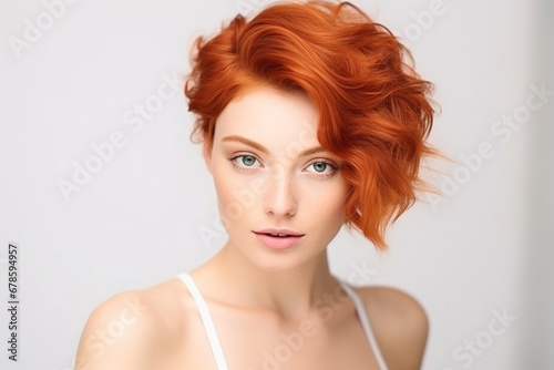 Beautiful elegant european red-haired smiling young woman with perfect skin and modern short hairstyle, on a white background, with empty copy space