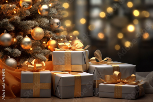 Many Christmas gifts wrapped in silver or gray papers and gold ribbons put under a decorated Christmas tree in the living room. Generative AI. © Surachetsh
