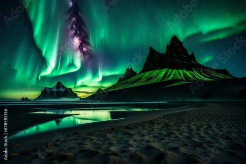 A magical moment unfolds in the Icelandic night as the green aurora borealis lights up the sky, casting an ethereal glow over a snowy mountain ridge generative ai technology 