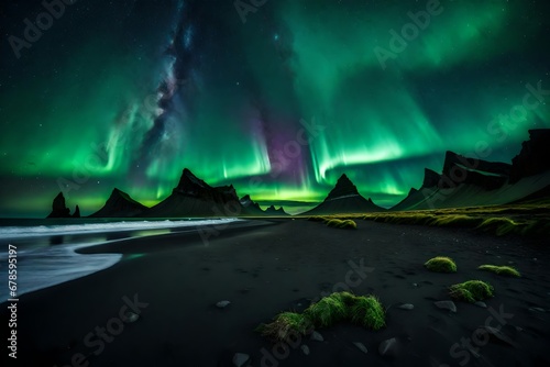 A magical moment unfolds in the Icelandic night as the green aurora borealis lights up the sky, casting an ethereal glow over a snowy mountain ridge generative ai technology © md