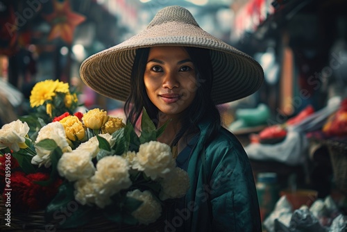 A woman is seen wearing a hat and holding a basket filled with flowers. This image can be used to depict gardening, nature, beauty, or gifting flowers. © Ева Поликарпова