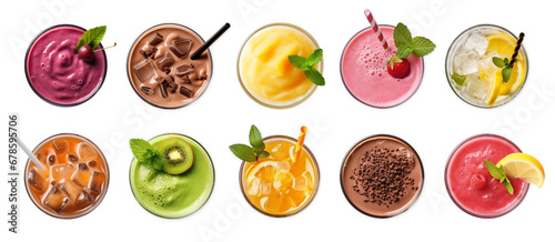 cool drinks set   smoothie, juice, sparkling water with fresh and beautiful fruits decorated glass top view on white background.