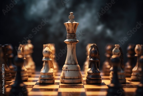 A detailed close up view of a chess board with various chess pieces. This image can be used to depict strategic thinking, intelligence, and competition