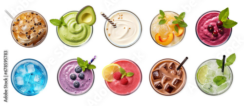 cool drinks set ; smoothie, juice, sparkling water with fresh and beautiful fruits decorated glass top view on white background. photo