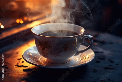 A picture of a cup of coffee with steam rising out of it. 