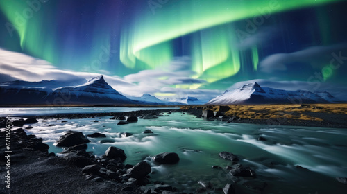 The Northern Lights dance over an Icelandic landscape with icy mountains, clear water and bright blue skies created with Generative AI Technology