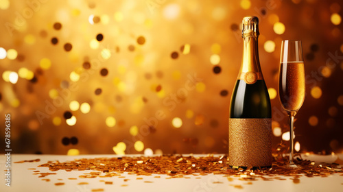 Golden celebration background with champagne bottle and confetti. New year and party concept.