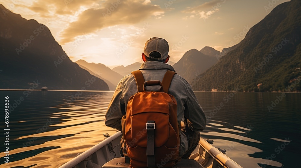 Rear view of young traveler with backpack on boat among mountains enjoying sunset