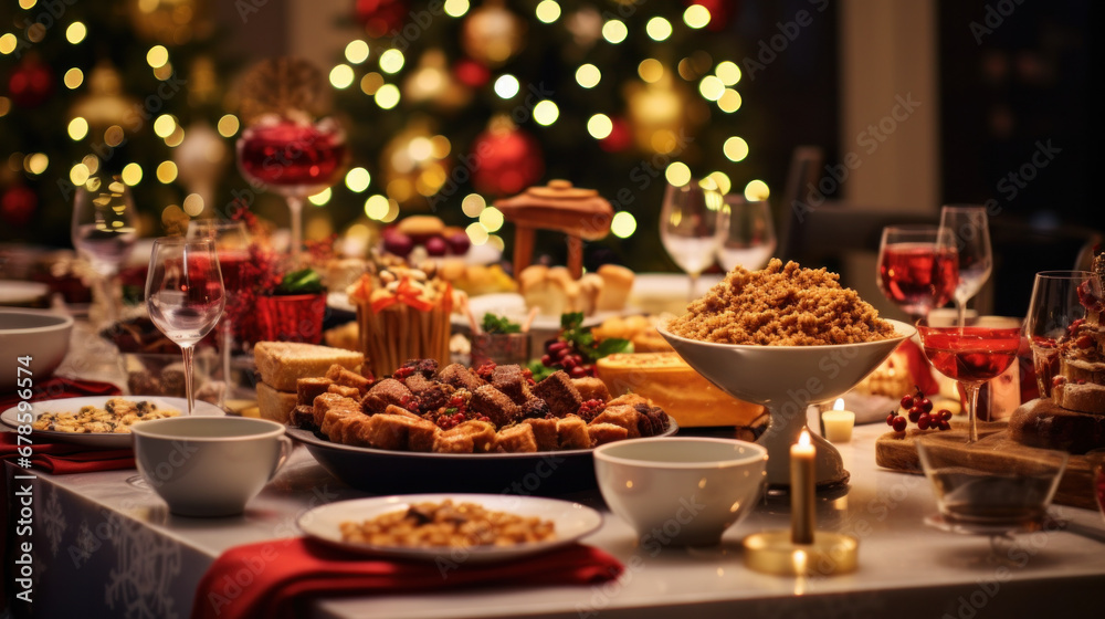A dinner table full of dishes with food and snacks, Christmas and New Year's decor with a Christmas tree on the background.