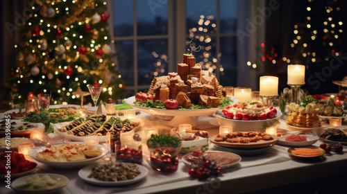 A dinner table full of dishes with food and snacks, Christmas and New Year's decor with a Christmas tree on the background. © Wararat