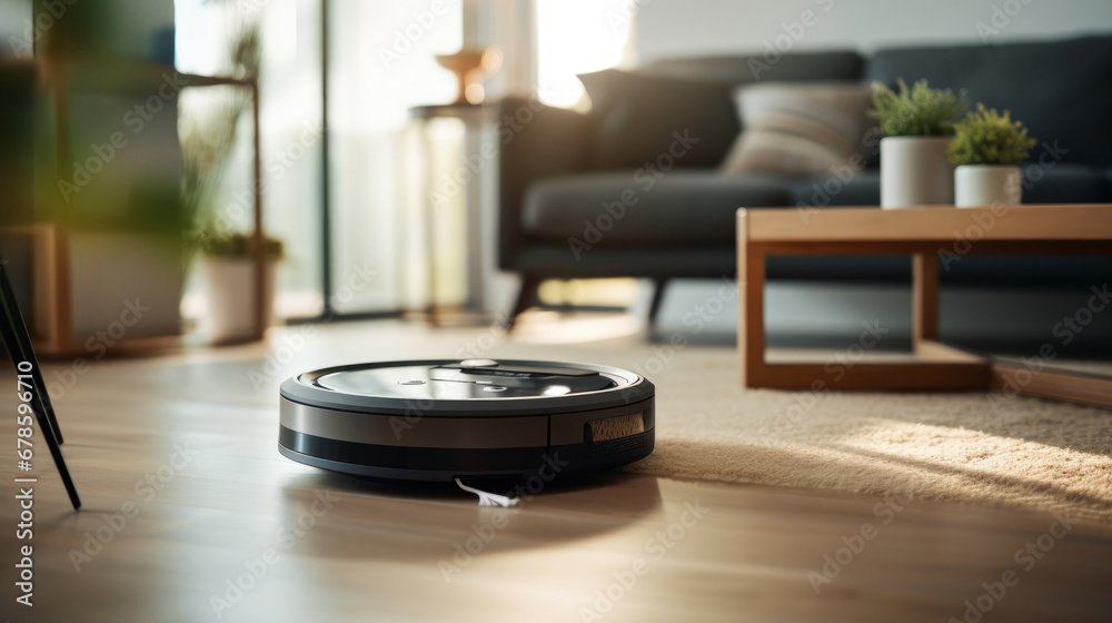 A robot vacuum cleaner working on a carpet in living room. - obrazy, fototapety, plakaty 
