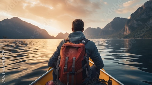 Rear view of young traveler with backpack on boat among mountains enjoying sunset