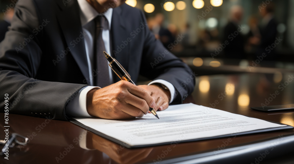 closeup businessman hand having handwritten business agreement signature on piece of paper with office background closeup businessman hand having handwritten business agreement signature on piece of paper with office background