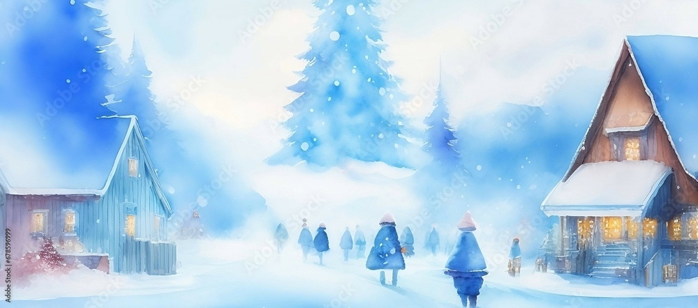 Fototapeta premium Abstract watercolor winter Christmas scene banner, village with snow covered houses and pine forest. Holiday background illustration for design, wall art print.