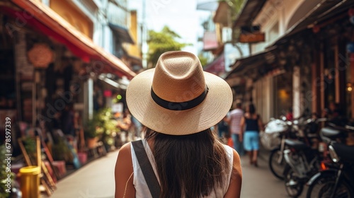 Rear view of young female tourist wearing a hat on the streets of Southeast Asia © theupperclouds