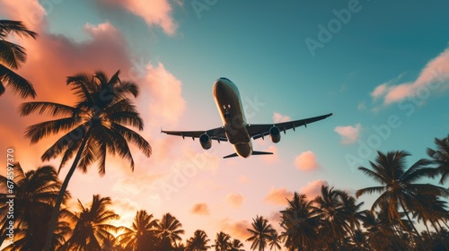 Bottom view of Airplane flying over coconut trees at sunset