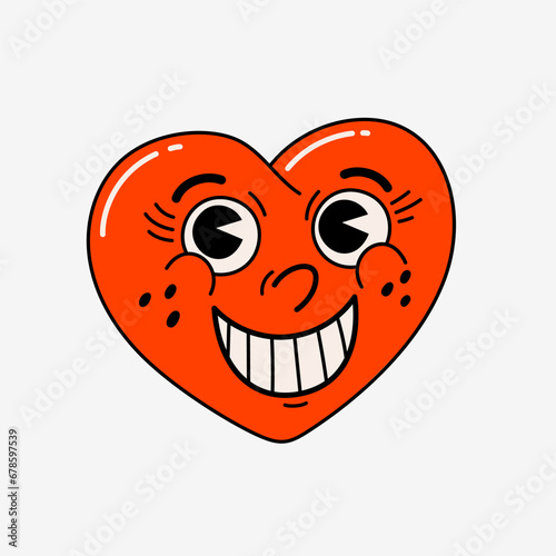 Retro style cartoon heart character. Groovy vintage 70s red heart character w...