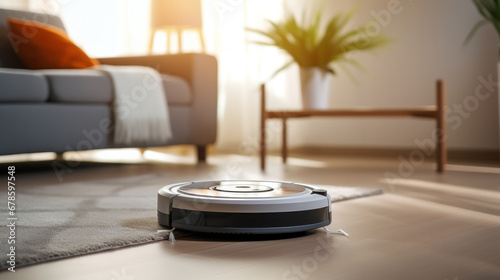 A robot vacuum cleaner working on a carpet in living room. photo