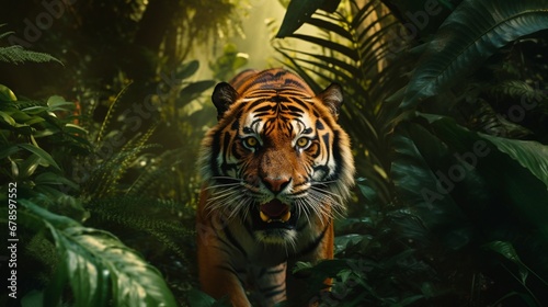 A majestic tiger prowling through the lush jungle.