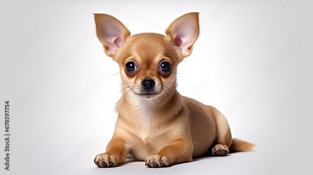 Cute little brown Chihuahua dog lying down on a white background in studio with empty space for text