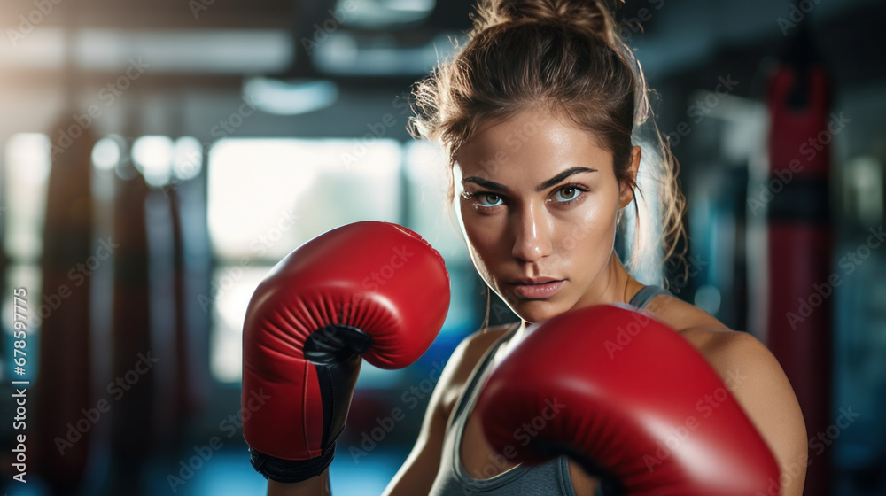 American woman training boxing at gym.