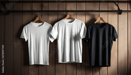 blank white T-shirt and a white shirt hanging on a wooden background