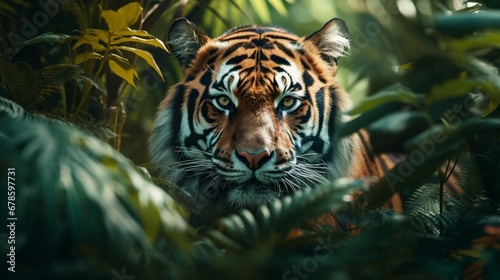 A majestic tiger prowling through the lush jungle.