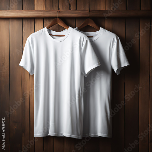 blank white T-shirt and a white shirt hanging on a wooden background