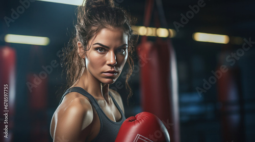 American woman training boxing at gym. photo