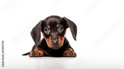Cute little Dachshund dog lying down on a white background in studio with empty space for text created with Generative AI Technology