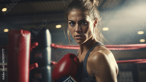 American woman training boxing at gym.