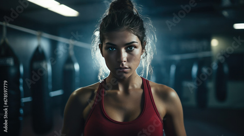 American woman training boxing at gym.
