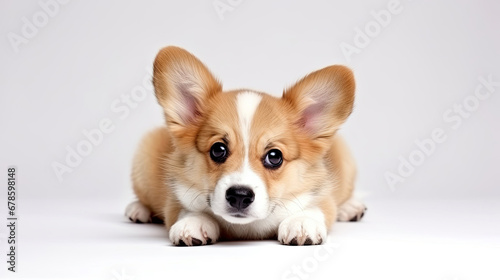 Cute little brown Welsh Corgi dog lying down on a white background in studio with empty space for text created with Generative AI Technology 