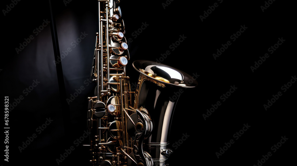 Close up of Saxophone, jazz music. Alto sax musical instrument on black background. - obrazy, fototapety, plakaty 