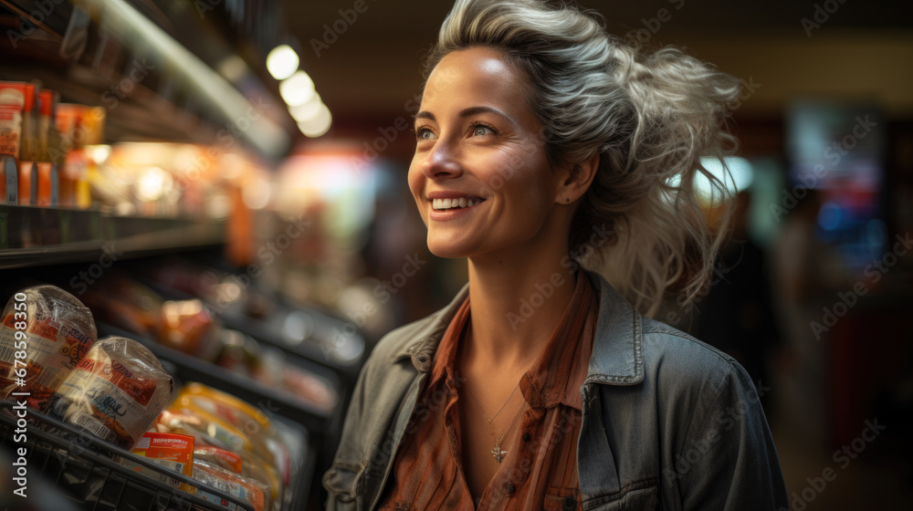 Portrait of a woman looking happy to her favorites products at the supermarket