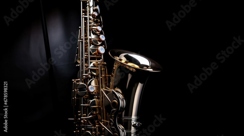 Close up of Saxophone, jazz music. Alto sax musical instrument on black background.