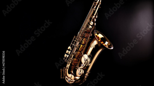 Close up of Saxophone, jazz music. Alto sax musical instrument on black background.