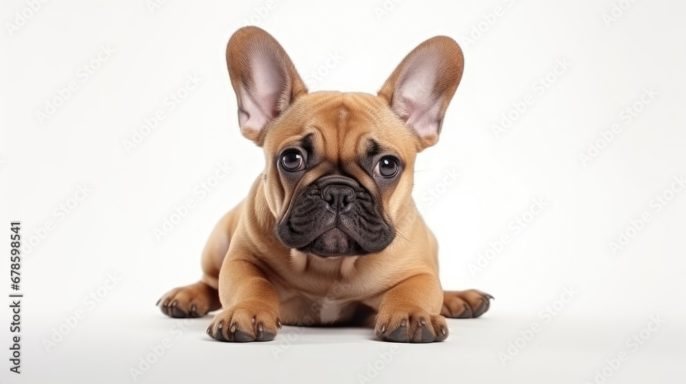Cute little French Bulldog puppy lying down on a white background in studio with empty space for text created with Generative AI Technology